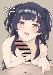 Rule 34 | 1boy, 1girl, anger vein, bar censor, black hair, blunt bangs, blush, breast press, breasts, brown background, brown eyes, censored, foifoi (marfoyfoyfoy), highres, idolmaster, idolmaster shiny colors, imminent fellatio, long hair, looking at viewer, mayuzumi fuyuko, navel, nude, open mouth, out of frame, penis, penis grab, pressing, simple background