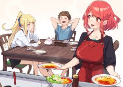 Rule 34 | 1boy, 2girls, absurdres, alternate costume, alternate hairstyle, apron, arms behind head, bad id, bad pixiv id, baffu, black shirt, blonde hair, blue shirt, breasts, brown hair, chair, chest jewel, closed eyes, collarbone, earrings, food, highres, jewelry, large breasts, long hair, multiple girls, mythra (xenoblade), open mouth, plate, ponytail, pyra (xenoblade), red apron, red eyes, red hair, rex (xenoblade), shirt, short hair, swept bangs, table, very long hair, white shirt, xenoblade chronicles (series), xenoblade chronicles 2, yellow eyes