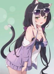 Rule 34 | 1girl, animal ear fluff, animal ears, bikini, black bikini, black hair, blush, breasts, cat ears, cat girl, cat tail, fang, green eyes, highres, jacket, karyl (princess connect!), karyl (summer) (princess connect!), long hair, looking at viewer, low twintails, lunia, multicolored hair, open mouth, princess connect!, purple jacket, simple background, small breasts, solo, standing, streaked hair, sunglasses, sunglasses on head, swimsuit, tail, twintails, very long hair, white hair