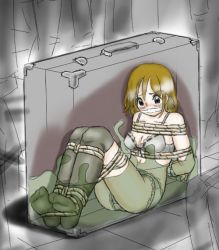 Rule 34 | 1girl, bdsm, blush, bondage, bound, box, bra, cloth gag, gag, gagged, improvised gag, in box, in container, lilish, lingerie, panties, slime (substance), socks, solo, suitcase, tears, thighhighs, underwear, underwear only, x-ray