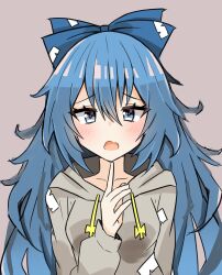 Rule 34 | 1girl, blue bow, blue eyes, blue hair, bow, debt, drawstring, fang, grey background, hair bow, highres, long hair, long sleeves, looking at viewer, nono54558, one-hour drawing challenge, simple background, skin fang, solo, touhou, upper body, yorigami shion