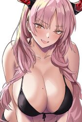 Rule 34 | 1girl, absurdres, armpit crease, bare shoulders, bikini, black bikini, black horns, blue archive, blush, breasts, cleavage, collarbone, commentary, fangs, front-tie bikini top, front-tie top, highres, horns, huge breasts, leaning forward, long hair, looking at viewer, metsu end, mole, mole on breast, multicolored horns, navel, open mouth, orange eyes, parted bangs, pink hair, red horns, satsuki (blue archive), simple background, smile, solo, stomach, swimsuit, teeth, two-tone horns, upper teeth only, white background