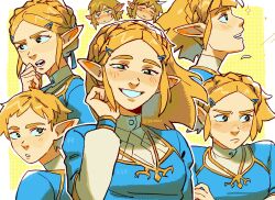Rule 34 | 1boy, 1girl, artist name, blonde hair, blue eyes, blue ribbon, blue shirt, braid, closed eyes, commentary, crown braid, diamond (shape), english commentary, from side, green eyes, hair ornament, hair ribbon, hairclip, highres, jitome, laenarra, link, looking at viewer, looking to the side, multiple views, nintendo, outer glow, pointy ears, princess zelda, profile, ribbon, shirt, short hair, sidelocks, smile, straight-on, sweatdrop, teeth, the legend of zelda, the legend of zelda: tears of the kingdom, upper body, very short hair, yellow background