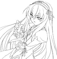 Rule 34 | 00s, 1girl, 47agdragon, dress, flower, frilled sleeves, frills, greyscale, hair between eyes, hairband, long sleeves, looking at viewer, monochrome, puffy long sleeves, puffy sleeves, rose, rozen maiden, simple background, solo, suigintou, upper body, white background