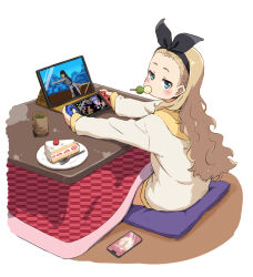 Rule 34 | 1girl, black hairband, black ribbon, blonde hair, blue eyes, blush, cake, cake slice, cellphone, commentary request, controller, cup, dress, food, food in mouth, fork, game controller, green tea, hair ribbon, hairband, highres, holding, holding controller, holding game controller, inoue takina, kotatsu, kurumi (lycoris recoil), long hair, long sleeves, looking at viewer, looking back, lycoris recoil, meme, nintendo switch, outstretched arms, phone, plate, playing games, ribbon, sakana~ (meme), simple background, sitting, smartphone, solo, table, tablet pc, tea, teacup, under kotatsu, under table, white background, yellow dress, yuki yuxtuke