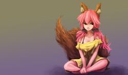 Rule 34 | 10s, 1girl, animal ears, artist request, barefoot, bow, bra, breasts, drawfag, fate/extra, fate (series), fox ears, fox tail, hair bow, no pants, pink hair, ribbon, sitting, smile, solo, source request, tail, tamamo (fate), tamamo no mae (fate/extra), twintails, underwear