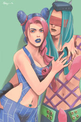 Rule 34 | 1boy, 1girl, arm around neck, arm around waist, artist name, blindfold, blue eyes, blue hair, blue lips, braid, breasts, cleavage, cone hair bun, double bun, green hair, hair bun, halterneck, halterneck, hand on another&#039;s ass, hat, jojo no kimyou na bouken, kuujou jolyne, large breasts, lipstick, long hair, makeup, multicolored hair, narciso anasui, navel, navel piercing, noey z, piercing, pink hair, signature, single braid, two-tone hair