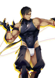 Rule 34 | 1boy, bara, bare shoulders, black hair, blind, blonde hair, bulge, covered abs, covered erect nipples, covered navel, crotchless, crotchless pants, facial hair, fingerless gloves, fundoshi, gloves, hand gesture, highres, japanese clothes, large pectorals, looking to the side, male focus, male underwear, multicolored hair, muscular, muscular male, ninja (yzpyn), original, pants, pectorals, scar, scar on face, shirt, short hair, skin tight, solo, streaked hair, stubble, taut clothes, taut shirt, thick thighs, thighs, veins, white male underwear, yzpyn