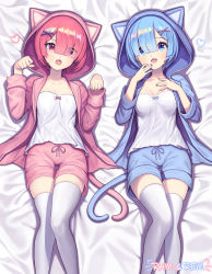 Rule 34 | 2girls, absurdres, animal hood, blue eyes, blue hair, blue jacket, blue nails, blue shorts, breasts, cat tail, character name, collarbone, commentary request, eyes visible through hair, fang, hair ornament, hair over one eye, heart, heart tail duo, highres, hood, hooded jacket, jacket, long sleeves, looking at viewer, lying, matching hair/eyes, medium breasts, multiple girls, nail polish, on back, open clothes, open jacket, open mouth, paw pose, pink eyes, pink hair, pink jacket, pink shorts, ram (re:zero), re:zero kara hajimeru isekai seikatsu, rem (re:zero), shirt, short hair, shorts, siblings, sisters, smile, tail, thighhighs, twins, white legwear, white shirt, x hair ornament, yuri (chocho q)