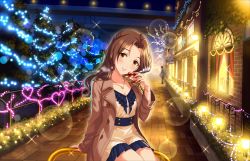 Rule 34 | 10s, 1girl, alternate hairstyle, artist request, blush, bracelet, breasts, brown hair, bush, cleavage, coat, collarbone, dress, earrings, eyebrows, gift, hair down, holding, holding gift, idolmaster, idolmaster cinderella girls, idolmaster cinderella girls starlight stage, jewelry, kawashima mizuki, lights, long hair, long sleeves, looking at viewer, medium breasts, necklace, night, official art, outdoors, parted bangs, sitting, smile, solo, tree, yellow eyes