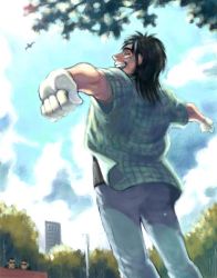 Rule 34 | 1boy, artist request, black hair, day, denim, gloves, itou kaiji, jeans, kaiji, kitano (no name), male focus, outdoors, outstretched arms, pants, sky, solo, stretching, underdog side-k