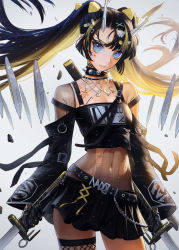 Rule 34 | 1girl, :|, asymmetrical bangs, bare shoulders, belt, black skirt, blonde hair, blue eyes, breasts, choker, cleavage, closed mouth, collarbone, commentary, commentary request, cowboy shot, dual wielding, etama quomo, fishnets, glitch, grey background, hair ornament, hairclip, holding, holding sword, holding weapon, horns, jewelry, light particles, long hair, looking at viewer, midriff, multicolored hair, navel, o-ring, off-shoulder shirt, off shoulder, shirt, simple background, single thighhigh, skirt, sleeves past wrists, small breasts, solo, spiked choker, spikes, standing, sword, symbol-only commentary, thighhighs, twintails, two-tone hair, v-shaped eyebrows, weapon