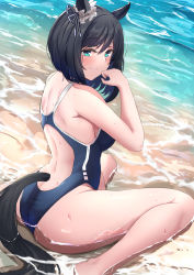 Rule 34 | 1girl, absurdres, animal ears, aqua eyes, ass, back, bare shoulders, black hair, blush, butter curry, closed mouth, competition swimsuit, day, eishin flash (umamusume), from behind, hair ribbon, hand up, highres, horse ears, horse girl, horse tail, looking at viewer, looking back, medium hair, one-piece swimsuit, outdoors, ribbon, scrunchie, sitting, smile, solo, swimsuit, tail, thighs, umamusume, wariza, water, wet