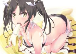 Rule 34 | 10s, 1girl, all fours, arched back, arm support, banana, bikini, black bikini, black hair, blush, breasts, chocolate syrup, crepe, eating, food, fruit, hair ribbon, highres, kantai collection, looking at viewer, medium breasts, open mouth, ribbon, sexually suggestive, short twintails, side-tie bikini bottom, solo, swimsuit, teeth, twintails, wa (genryusui), yellow eyes, zuikaku (kancolle)