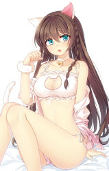 Rule 34 | 1girl, :o, animal ears, bell, blue eyes, blush, braid, breasts, brown hair, cat cutout, cat ears, cat lingerie, cat tail, choker, cleavage, cleavage cutout, clothing cutout, collarbone, dress shirt, eyebrows, frills, fur trim, hair between eyes, hair tie, head tilt, highres, jingle bell, large breasts, long hair, long sleeves, looking at viewer, meme attire, neck bell, off shoulder, open clothes, open mouth, open shirt, original, panties, paw pose, philomelalilium, pink panties, shirt, side-tie panties, simple background, single braid, sitting, solo, tail, underwear, white background, white shirt, wrist cuffs
