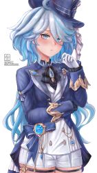 Rule 34 | 1girl, absurdres, ascot, bags under eyes, black ascot, blue eyes, blue hair, blue hat, blue jacket, brooch, commentary request, cowboy shot, dime-san, furina (genshin impact), genshin impact, gloves, hand up, hat, highres, jacket, jewelry, long hair, long sleeves, looking at viewer, short shorts, shorts, simple background, solo, standing, thigh strap, top hat, very long hair, white background, white gloves, white shorts