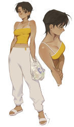 Rule 34 | 1girl, breasts, brown eyes, brown hair, cleavage, crop top, dark skin, expressionless, from side, full body, hands in pockets, highres, looking at viewer, midriff, morry, navel, original, pants, shirt, short hair, signature, slippers, solo, standing, sweatpants, very short hair, white background, white pants, yellow shirt