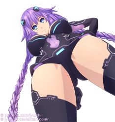 Rule 34 | 1girl, artist name, blue eyes, braid, breasts, cleavage, closed mouth, female focus, from above, hair ornament, jyu ichi, large breasts, leotard, long hair, looking at viewer, neptune (neptunia), neptune (series), purple hair, purple heart (neptunia), solo, standing, symbol-shaped pupils, twin braids