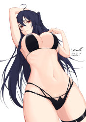 Rule 34 | 1girl, ahoge, arm up, armpits, azur lane, bare arms, bare shoulders, bikini, black bikini, black hair, breasts, cleavage, cowboy shot, dated, hair between eyes, hand up, large breasts, multi-strapped bikini bottom, navel, official alternate costume, one side up, parted lips, red eyes, signature, simple background, skindentation, solo, standing, stomach, string bikini, swimsuit, taihou (azur lane), taihou (enraptured companion) (azur lane), thigh strap, thighs, unel, white background
