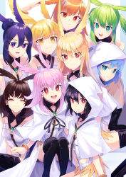Rule 34 | 6+girls, :d, ^ ^, aqua eyes, bangle, bare shoulders, black hair, black legwear, black ribbon, blue eyes, blue hair, bracelet, brown eyes, brown hair, brown wings, capelet, character request, closed eyes, closed mouth, collarbone, commentary request, facing viewer, fate/grand order, fate (series), feet out of frame, green hair, green wings, hair between eyes, hair bun, head wings, highres, hildr (fate), hood, hood down, hood up, hooded capelet, jewelry, leotard, long hair, looking at viewer, multiple girls, neck ribbon, open mouth, ortlinde (fate), pink hair, pink wings, purple eyes, purple hair, purple wings, red eyes, ribbon, sidelocks, single hair bun, sitting, smile, soupchan, teeth, thighhighs, thrud (fate), twintails, upper teeth only, valkyrie (fate), white capelet, white leotard, wings, yellow wings