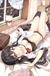Rule 34 | 1girl, 7gao, absurdres, bed, bed sheet, black bra, black hair, black panties, black pantyhose, blouse, blush, book, bookshelf, bow, bow bra, bow panties, bowtie, bra, breasts, brown eyes, cat, cleavage, clothes pull, curtains, hair ornament, hair scrunchie, has bad revision, has downscaled revision, highres, indoors, long hair, looking at viewer, lying, md5 mismatch, mirror, navel, on back, open clothes, original, panties, pantyhose, pantyhose pull, pillow, plaid, plaid skirt, pleated skirt, resolution mismatch, school uniform, scrunchie, shelf, shirt, skirt, unworn skirt, solo, source smaller, thigh gap, underwear, white shirt, window