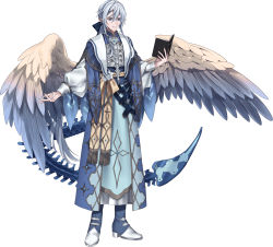 Rule 34 | 1boy, absurdres, aurorus, blue eyes, book, character request, check character, creatures (company), feathered wings, flower, full body, game freak, gen 6 pokemon, grey hair, highres, holding, holding book, jewelry, long sleeves, male focus, moe (hamhamham), nintendo, personification, pointy ears, pokemon, puffy long sleeves, puffy sleeves, simple background, solo, standing, tail, white background, white flower, wings
