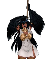Rule 34 | 1girl, arms up, art moira, bird legs, black feathers, black hair, black lips, black pubic hair, black wings, breasts, claws, cleavage, corruption of champions 2, dark-skinned female, dark skin, dress, feathered wings, feathers, grey eyes, hair between eyes, harpy, harpy stormcaller (corruption of champions), holding, holding polearm, holding weapon, long hair, monster girl, parted lips, polearm, see-through, see-through dress, small breasts, solo, transparent background, weapon, weapon behind back, winged arms, wings