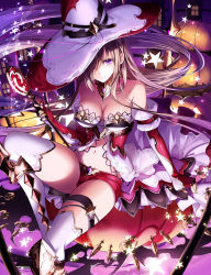 Rule 34 | 1girl, absurdres, purple gemstone, armor, bare shoulders, boots, breasts, cleavage, collar, elbow gloves, fingerless gloves, gem, gloves, hair over eyes, hair over one eye, hat, highres, jack-o&#039;-lantern, knee boots, large breasts, long hair, looking at viewer, navel, original, pumpkin, purple eyes, short shorts, shorts, sitting, staff, star (symbol), thigh strap, thighhighs, very long hair, wand, witch hat, wizard hat, yuuki kira