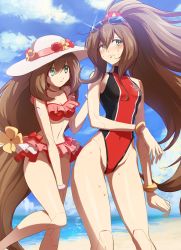 Rule 34 | 2girls, absurdres, alternate costume, android, bare shoulders, beach, bikini, black one-piece swimsuit, blue sky, blush, bracelet, breasts, brown hair, cleavage, closed mouth, cloud, collarbone, commentary request, covered navel, cowboy shot, day, dual persona, embarrassed, frilled bikini, frills, glint, goggles, goggles on head, green eyes, groin, hair between eyes, hat, high ponytail, highres, hoshi mikan, iris (mega man), jewelry, long hair, looking at another, looking to the side, low-tied long hair, medium breasts, mega man (series), mega man x (series), mega man x dive, midriff, multiple girls, navel, ocean, official alternate costume, one-piece swimsuit, outdoors, red bikini, red one-piece swimsuit, sidelocks, sky, smile, standing, standing on one leg, sun hat, sweat, swimsuit, two-tone swimsuit, very long hair, white headwear