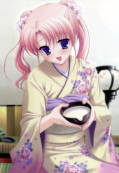 Rule 34 | 1girl, :d, absurdres, asato rina, blush, canvas 3, double bun, fingernails, floral print, flower, hair bun, hair flower, hair ornament, highres, holding, indoors, japanese clothes, kimono, long sleeves, looking at viewer, obi, open mouth, parted bangs, pink hair, purple eyes, sash, smile, solo, tanihara natsuki, twintails, wavy hair, wide sleeves