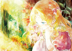 Rule 34 | 2girls, blonde hair, blue eyes, closed eyes, closed mouth, day, dress, fairy, fairy wings, flower, forest, frilled dress, frills, hand up, holding, holding flower, kiss, kissing nose, leaf, lily of the valley, long hair, looking at another, moekon, multiple girls, mushroom, nature, original, painting (medium), pink dress, profile, puffy short sleeves, puffy sleeves, short hair, short sleeves, tearing up, traditional media, tree, vegetation, watercolor (medium), wings, yuri