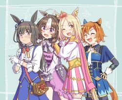 Rule 34 | 4girls, @ @, ^ ^, admire vega (umamusume), ahoge, animal ears, armor, bag, black gloves, black shirt, blonde hair, blue skirt, blue vest, blush, bodice, bow, bowtie, breasts, brown eyes, brown hair, cape, closed eyes, closed mouth, coat, collarbone, corset, cosplay, costume switch, cowboy shot, crown, deong234, ear piercing, fingerless gloves, flying sweatdrops, gloves, hairband, hand on another&#039;s shoulder, hand on own hip, horse ears, horse girl, horse tail, korean commentary, long hair, long sleeves, looking at viewer, medium breasts, meisho doto (umamusume), mini crown, multicolored hair, multiple girls, narita top road (umamusume), necktie, open mouth, orange eyes, orange hair, piercing, pink cape, purple coat, purple eyes, shirt, short hair, shoulder armor, shoulder bag, skirt, small breasts, smile, standing, sweatdrop, t.m. opera o (umamusume), tail, thighhighs, two-tone hair, umamusume, vest, white gloves, white necktie, white shirt, white thighhighs