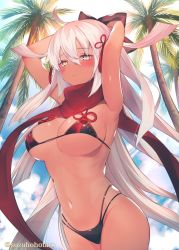 Rule 34 | 1girl, ahoge, arms up, bikini, black bow, blue sky, blush, bow, breasts, cleavage, closed mouth, cloud, dark-skinned female, dark skin, day, fate/grand order, fate (series), groin, hair between eyes, hair bow, hair ornament, highleg, highleg bikini, large breasts, long hair, looking at viewer, multi-strapped bikini, navel, okita souji (fate), okita souji alter (fate), outdoors, palm tree, red scarf, scarf, sidelocks, skindentation, sky, solo, stomach, suzuho hotaru, swimsuit, tassel, tree, tsurime, twitter username, very long hair, white hair, yellow eyes