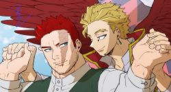 Rule 34 | 2boys, blonde hair, blue eyes, boku no hero academia, couple, endeavor (boku no hero academia), facial hair, feathered wings, holding hands, hawks (boku no hero academia), looking at another, mahoubin (totemo hot dayo), male focus, mature male, multiple boys, red hair, red wings, scar, scar across eye, scar on face, short hair, sideburns, smile, spiked hair, stubble, wings, yaoi