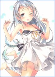 Rule 34 | 10s, 1girl, ;d, armpits, bad id, bad pixiv id, bare arms, bare legs, bare shoulders, barefoot, blue border, blue eyes, blue hair, border, collarbone, colored pencil (medium), dress, hands up, jumping, kantai collection, long hair, looking at viewer, marker (medium), one eye closed, open mouth, potto, ribbon, samidare (kancolle), sample watermark, simple background, sleeveless, sleeveless dress, smile, solo, traditional media, watermark, white background, white dress, yellow ribbon