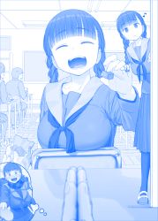 Rule 34 | 1girl, @ @, blue theme, blush, box, braid, breasts, chalkboard, chocolate, classroom, commentary, commentary request, desk, food, getsuyoubi no tawawa, gurume-chan (tawawa), heart-shaped box, highres, himura kiseki, holding, holding chocolate, holding food, large breasts, nose blush, open mouth, own hands clasped, own hands together, pantyhose, school uniform, serafuku, solo focus, thought bubble, twin braids, valentine