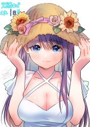 Rule 34 | 1girl, absurdres, blue eyes, blush, breasts, dated, dress, embarrassed, flower, geshumaro, hands on headwear, hands up, hat, hat flower, highres, large breasts, long hair, looking at viewer, pink ribbon, purple hair, ribbon, short sleeves, signature, simple background, smile, solo, straw hat, sunflower, tsubaki-sama wa sakihokore nai, white background, white dress