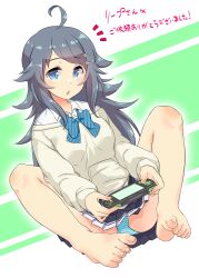Rule 34 | 1girl, absurdres, ahoge, bare legs, barefoot, black skirt, blue bow, blue bowtie, blue eyes, blue panties, blush, bow, bowtie, breasts, collared shirt, commission, eyelashes, feet, green background, grey hair, hair ornament, hairclip, handheld game console, highres, holding, humiu, inohara koboshi, knees up, leaning back, long hair, long sleeves, looking at viewer, miniskirt, ongeki, open mouth, panties, parted bangs, playstation vita, pleated skirt, school uniform, second-party source, shirt, sidelocks, sitting, skeb commission, skirt, small breasts, solo, striped background, striped clothes, striped panties, swept bangs, tan sweater, toe scrunch, toenails, toes, underwear, white background, white shirt