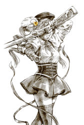 Rule 34 | 10s, 1girl, aiming, aiming at viewer, beret, corset, covering privates, covering face, covering own eyes, detached sleeves, drill hair, dual wielding, fingerless gloves, gloves, graphite (medium), gun, hat, highres, holding, magical girl, magical musket, mahou shoujo madoka magica, mahou shoujo madoka magica (anime), mandeid, monochrome, pizza man, puffy sleeves, rifle, simple background, solo, spot color, thighhighs, tomoe mami, traditional media, weapon, zettai ryouiki
