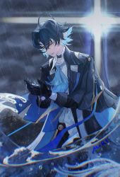 Rule 34 | 1boy, absurdres, ahoge, arknights, black gloves, black hair, black jacket, blue hair, cloud, cloudy sky, commentary request, earrings, gloves, hair between eyes, highres, jacket, jewelry, lighthouse, long sleeves, looking away, lumen (arknights), male focus, multicolored hair, open clothes, open jacket, orange eyes, outdoors, parted lips, pointy ears, rain, shirt, sky, solo, two-tone hair, water, white shirt, wifi642172