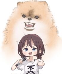 Rule 34 | 1girl, animal, blue eyes, brown hair, dog, girls band cry, hair ornament, hairclip, highres, holding, holding microphone, icon 315, iseri nina, looking at viewer, low twintails, microphone, open mouth, pomeranian (dog), shirt, short hair, short twintails, solo, t-shirt, twintails, upper body, white background, white shirt