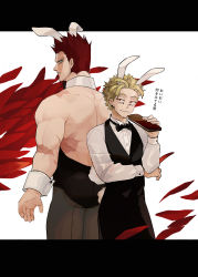 Rule 34 | 2boys, absurdres, animal ears, back-to-back, bare back, bare shoulders, beard, blonde hair, blue eyes, boku no hero academia, bow, bowtie, crossdressing, detached collar, endeavor (boku no hero academia), facial hair, fake tail, feathered wings, hawks (boku no hero academia), highres, leotard, male focus, male playboy bunny, mature male, multiple boys, muscular, muscular male, pantyhose, rabbit ears, rabbit tail, red hair, scar, scar across eye, scar on face, shitakawa, short hair, sideburns, smile, spiked hair, strapless, strapless leotard, stubble, tail, wing collar, wings, wrist cuffs