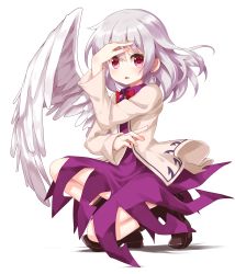 Rule 34 | 1girl, beige jacket, boots, bow, bowtie, brooch, brown footwear, commentary request, dress, feathered wings, full body, hair between eyes, hand up, highres, jacket, jewelry, kishin sagume, long sleeves, looking at viewer, parted lips, purple dress, red bow, red bowtie, red eyes, ruu (tksymkw), shadow, short hair, silver hair, simple background, single wing, solo, squatting, touhou, white background, white wings, wing collar, wings