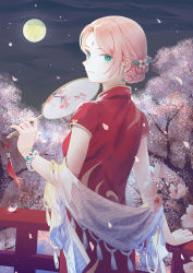 Rule 34 | 1girl, absurdres, aqua eyes, bohe liang you, boruto: naruto next generations, bracelet, china dress, chinese clothes, closed mouth, dress, flower, from behind, full moon, haruno sakura, highres, holding, jewelry, looking at viewer, moon, naruto (series), night, parted bangs, petals, pink hair, red dress, short hair, short sleeves, smile, solo, standing, white flower