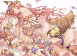Rule 34 | 1girl, animal ears, blurry, depth of field, detached sleeves, dress, fate (series), fox ears, fox tail, from above, hair between eyes, head wreath, highres, hino hinako, long hair, lying, on side, parted bangs, pink dress, pink hair, solo, tail, tamamo (fate), tamamo no mae (fate/extra), thighhighs, very long hair, white background, white thighhighs