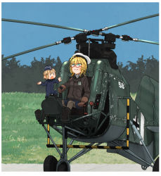 Rule 34 | 2girls, aircraft, aircraft request, alternate costume, bad id, bad twitter id, black footwear, black jacket, black legwear, blonde hair, blue skirt, blue sky, boots, commentary request, day, fairy (kancolle), flettner fl282, glasses, green eyes, hat, helicopter, i-8 (kancolle), jacket, kantai collection, kitsuneno denpachi, low twintails, mini person, minigirl, multiple girls, outdoors, pantyhose, parted lips, peaked cap, sailor hat, sitting, skirt, sky, twintails, vehicle focus, white headwear
