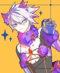 Rule 34 | 1boy, animal ears, bad id, bad pixiv id, bare pectorals, bishounen, black bodysuit, blue eyes, bodysuit, bow, claw pose, claws, closed mouth, commentary request, cosplay, cross-laced clothes, crossdressing, dutch angle, elbow gloves, expressionless, eyelashes, eyeliner, eyes visible through hair, fate/apocrypha, fate (series), fur-trimmed gloves, fur collar, fur trim, gem, gloves, hair between eyes, hand up, highres, karna (fate), large bow, long sleeves, looking at viewer, makeup, male focus, mash kyrielight, mash kyrielight (dangerous beast), mash kyrielight (dangerous beast) (cosplay), no nose, o-ring, o-ring top, official alternate costume, orange background, pale skin, parted bangs, pectorals, purple gloves, simple background, solo, sparkle, spiked hair, striped, striped bow, tail, toned, toned male, upper body, v-shaped eyebrows, white hair, wolf ears, wolf tail