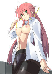 Rule 34 | 00s, 1girl, black pantyhose, breasts, date (senpen), green eyes, large breasts, long hair, lyrical nanoha, mahou shoujo lyrical nanoha, mahou shoujo lyrical nanoha a&#039;s, nipples, no bra, open clothes, open shirt, panties, panties under pantyhose, pantyhose, pink hair, shirt, signum, solo, thighband pantyhose, underwear