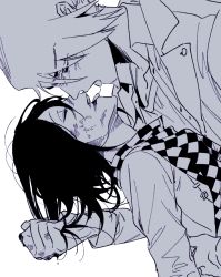Rule 34 | 2boys, after kiss, bruise, bruise on face, checkered clothes, checkered scarf, closed eyes, collarbone, commentary, danganronpa (series), danganronpa v3: killing harmony, facial hair, goatee, grabbing another&#039;s hair, greyscale, holding, holding own hair, injury, jacket, leaning back, long sleeves, male focus, medium hair, momota kaito, monochrome, multiple boys, oma kokichi, on (onon2659), open clothes, open jacket, saliva, saliva trail, scarf, shirt, tongue, tongue out, upper body, yaoi