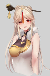 Rule 34 | 1girl, bare arms, bare shoulders, blonde hair, breasts, cropped torso, dress, fur collar, genshin impact, grey background, hair ornament, hairpin, long hair, looking at viewer, medium breasts, ningguang (genshin impact), open mouth, osisio, parted bangs, red eyes, sidelocks, simple background, sleeveless, sleeveless dress, smile, solo, white dress